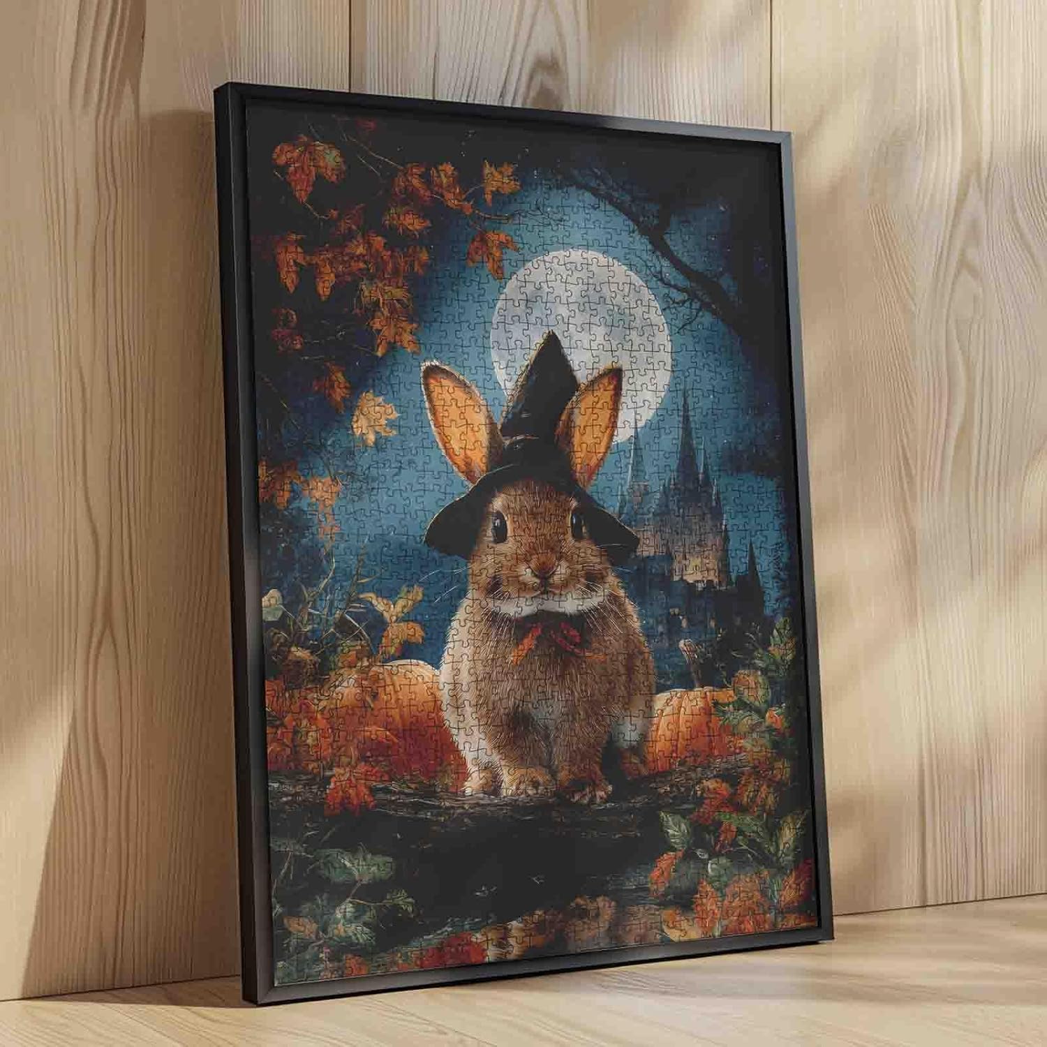 Rabbit & Witch Hat Puzzles for Adults 1000 Pieces Bunny Puzzle Art Adults Halloween Night Castle 1000 Pieces Halloween Pumpkin Jigsaw Puzzles Wall Decor