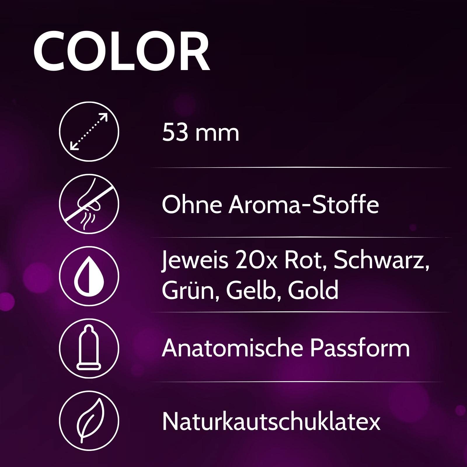 VIBRATISSIMO Kondome 100er Pack | Gefühlsecht & Extra Feucht | Bunte Verhütung Für Männer | Packung in Rot, Schwarz, Grün, Gelb, Gold