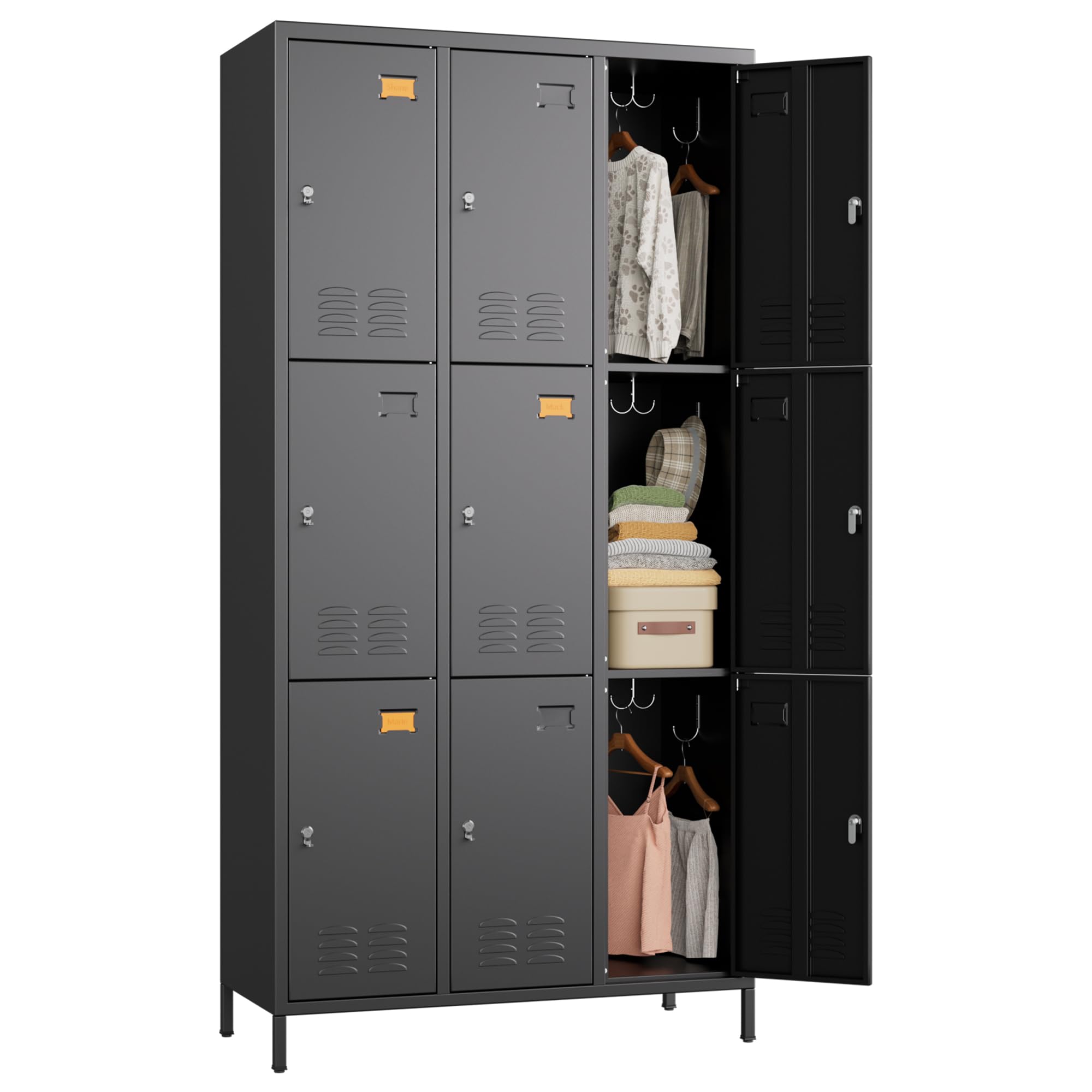 SUXXAN 9 Door Metal Lockers for Employees, Heavy Duty Steel Storage Locker Cabinet with Vent Holes &amp; Name Tag Slots, Lockable Office Gym School Staff Locker, Black