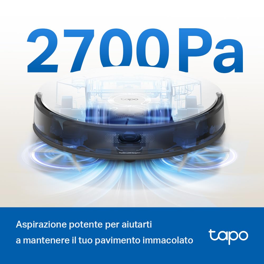 Tapo RV20 Mop Robot Aspirapolvere Lavapavimenti con Mappatura, Navigazione LiDAR MagSlim, Design Ultra Compatto 7.8 cm, Zone No-Go e Muri Virtuali, Aspirazione da 2700Pa, Controllo APP&Alexa&Google
