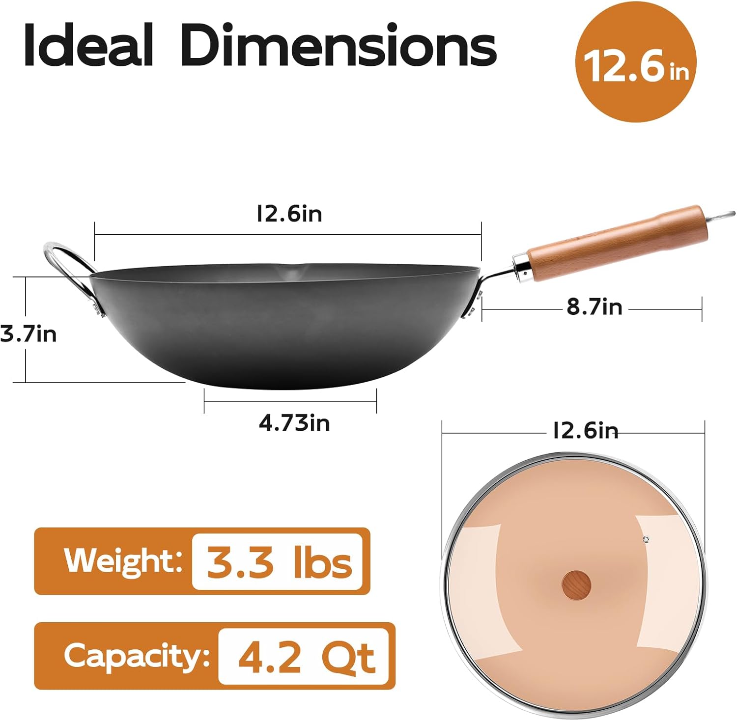 WANGYUANJI 12.6" Heavy Duty Carbon Steel Wok (Seasoning Required), Standard Refined Iron Stir Fry Pan with Lid, Uncoated Flat Bottom Induction Wok, Durable Cookware - Image 4