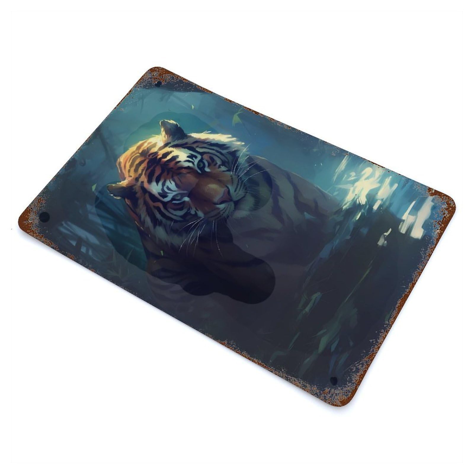 Weathered Tin Sign with Tiger Painting Design 11.8"x7.9", for Garage, Bar And Workshop Decor, Decorative Metal Wall Art