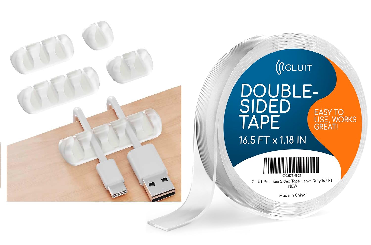 GLUIT Double Sided Tape Heavy Duty 16.5 FT and Cable Organizer Transparent