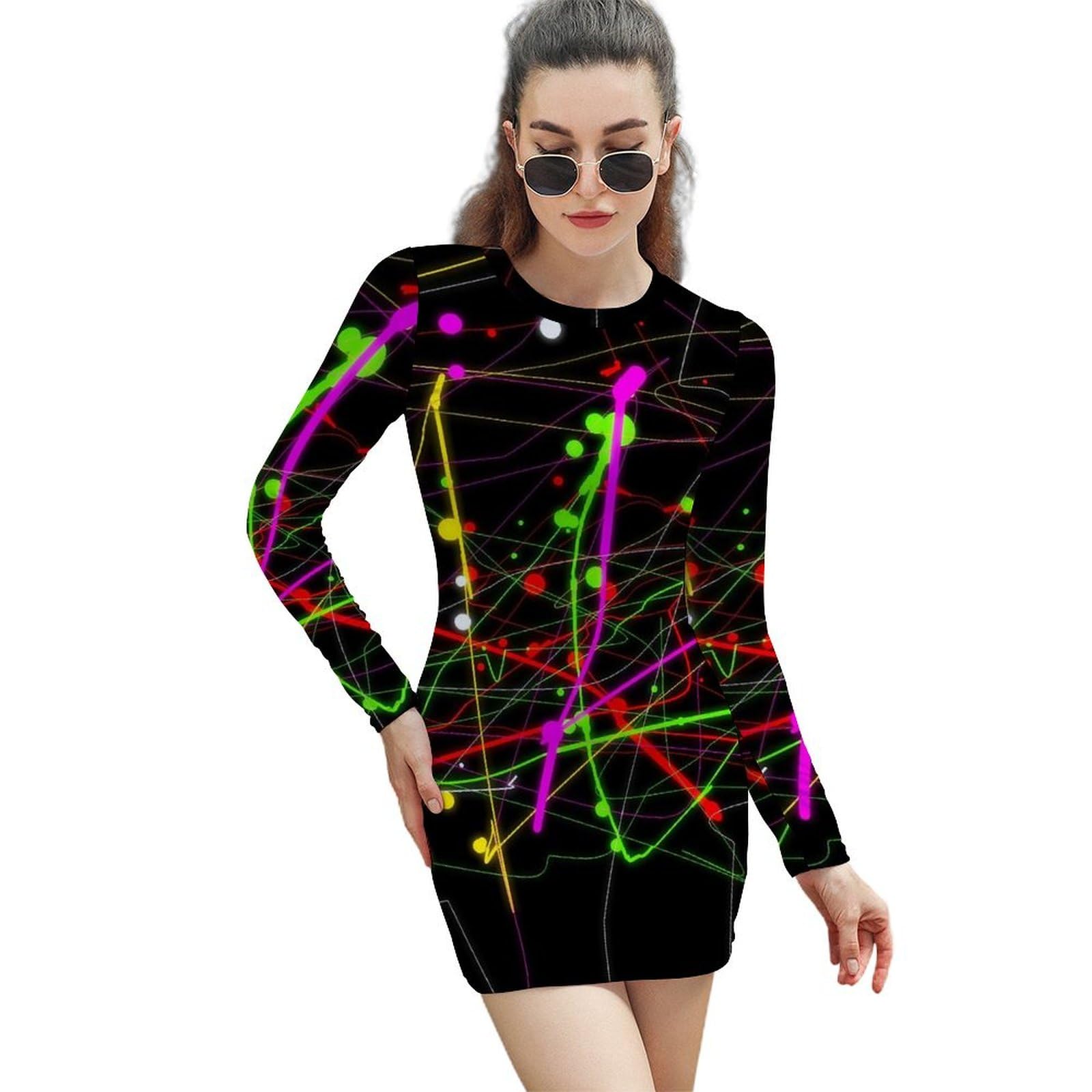 Asbwuo Unisex One Size Glow In Dark Splatter Neon Dress For Women Long Sleeve Party Work Dresses
