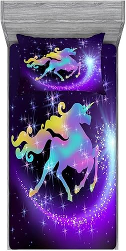 Mkikejoy Dreamy Unicorn - Juego de sábanas de tamaño individual, color morado mágico, sábana bajera ajustable y funda de almohada, diseño de