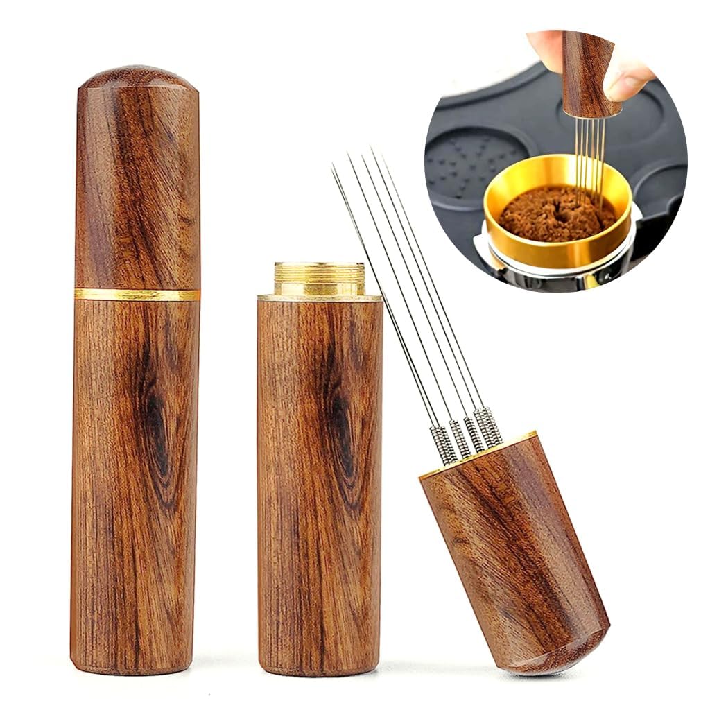 ALIBLE Espressos Coffee Stirrer Pin Tamper 6 Needles Ground Coffee Stirrer 0.4mm Fine Pin Tamper for Espresso Coffee Making Natural Wooden Handle Pin Coffee Tamper