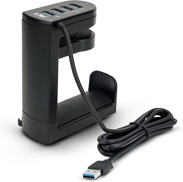 KIWIFOTOS 2in1 Headphone Stand Under Desk Headset Holder, Headphones Hook Hanger Mount for Desk, PC Gaming Accessories with 4 Ports USB 3.0 2.0 Data Hub Station Organizer - Black