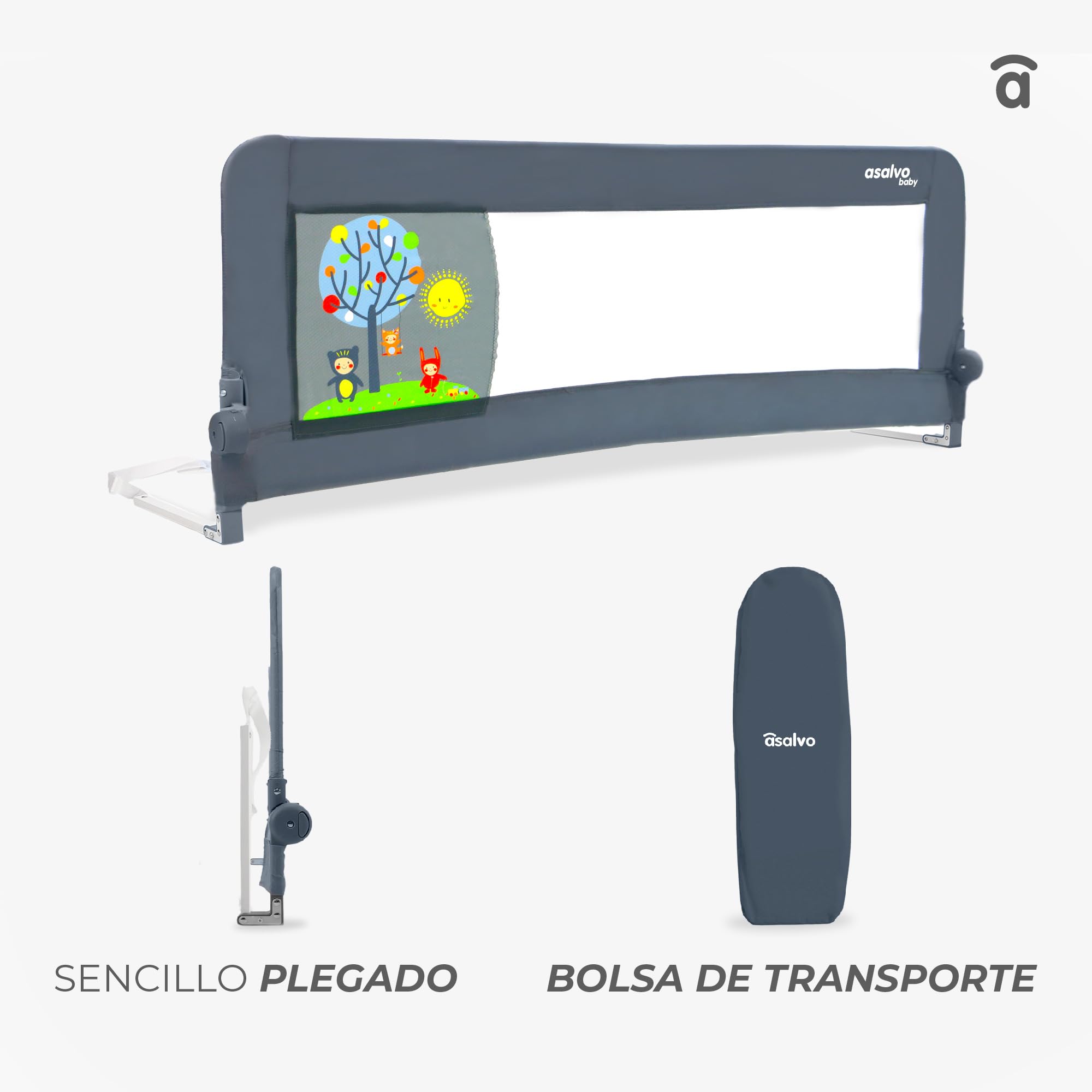 Asalvo Barrera de Cama 2 en 1 de 150 cm para Niño - Abatible con Correas Ajustables + Apta para Cama Nido + Instalación Fácil y Lavado Sencillo - Protección Segura y Estable - Blanco — view 7