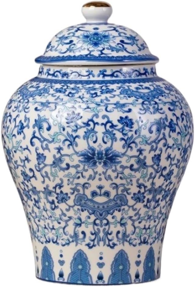 Ginger jar vase, home decor, blue and white porcelain decorative jar, with lid, patterned ceramic vase, dining table decoration (Color: A, Size: B1, B-13 * 19.5 cm)