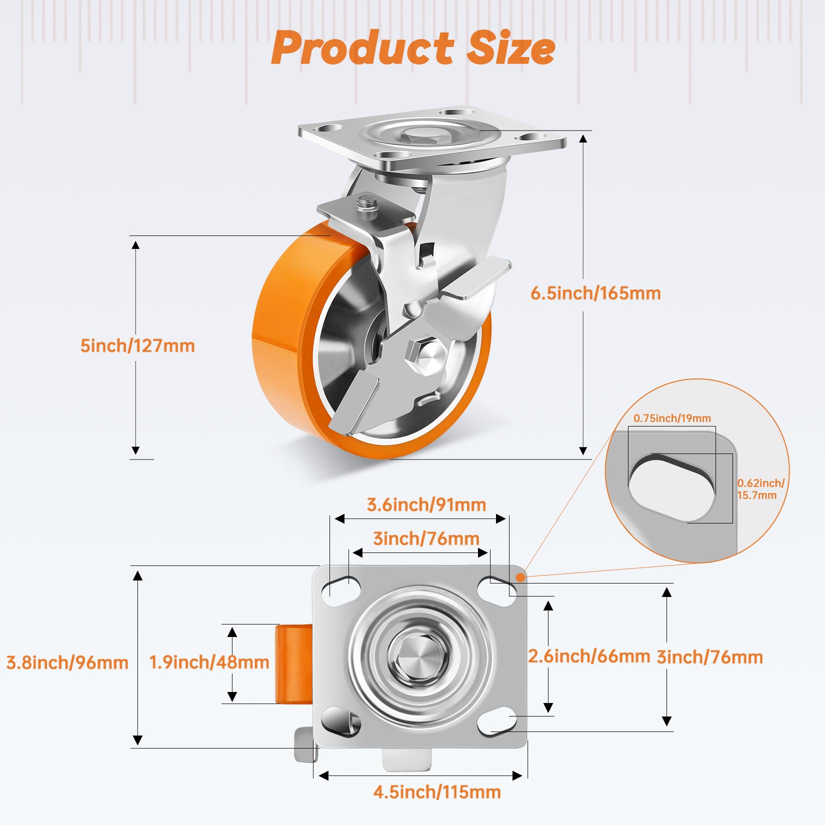W B D WEIBIDA 125mm Roulette Charge Lourde Jusqu'à 1800KG, Roulettes en Polyuréthane Durable et Solides avec Frein, Roulettes Pivotantes à Noyau d'Aluminium pour Industrie, Meubles, Établi lot de 4