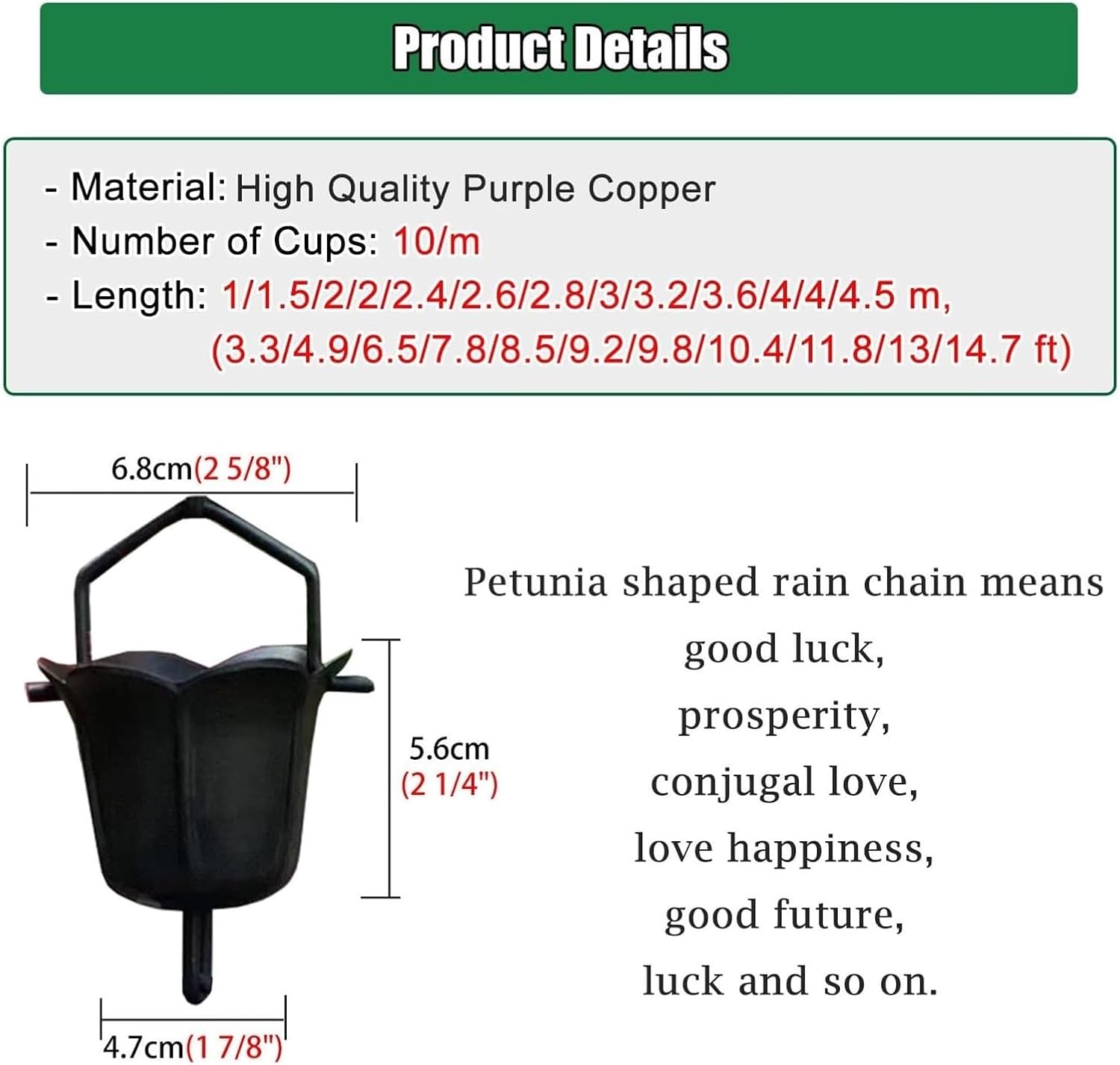 Rain Chains,Rain Catcher Chain, Rain Chains,Home Rain Decorative Rain Catcher Chain,Outdoor Water Feature Eaves Drainage Cups,24m/78 ft