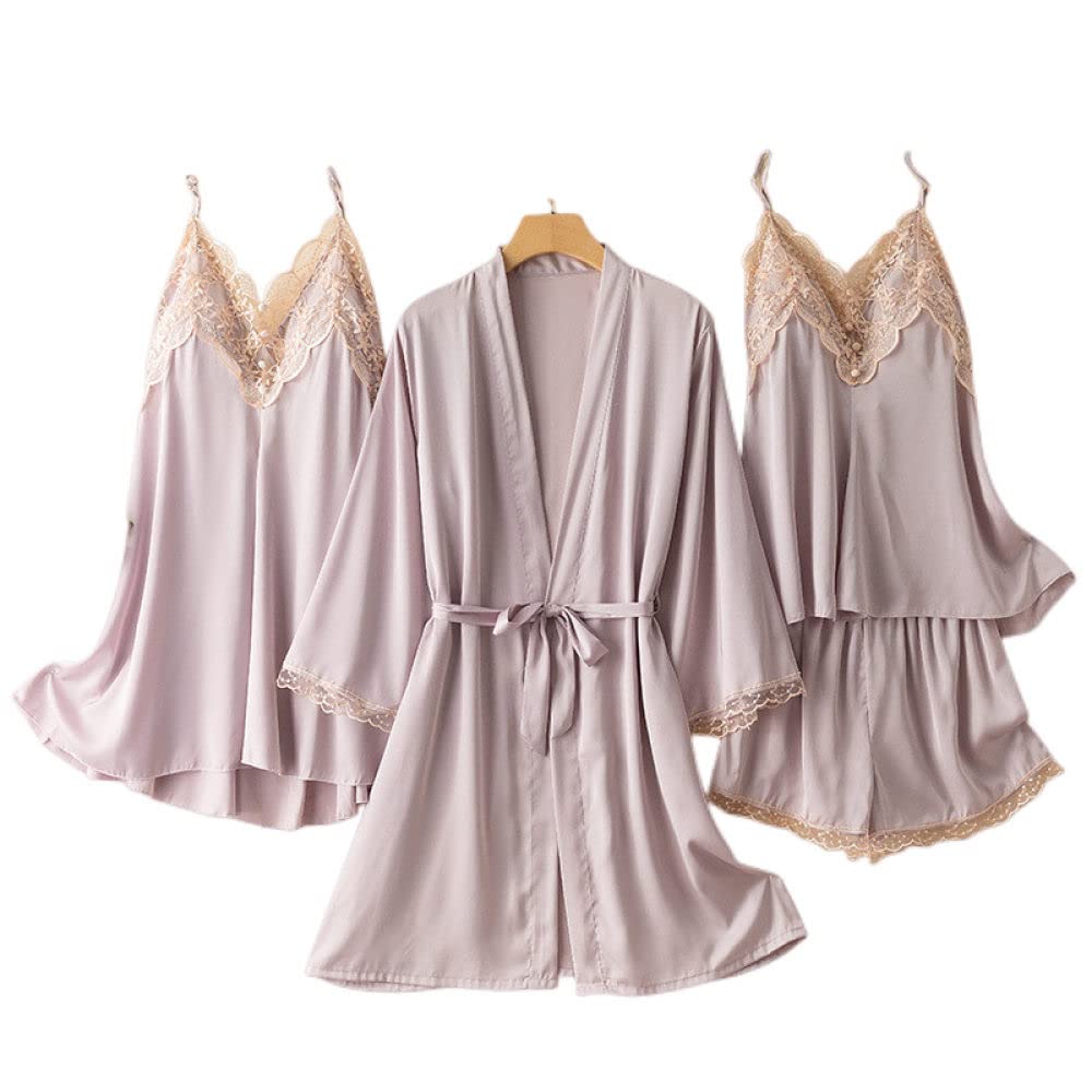 Accappatoio,Set 4 Pezzi Accappatoio Kimono In Raso Sexy Maglia In Pizzo Scollo A V Camicia Da Notte Senza Schienale Vestaglia Pantaloncini A Canotta Set Elegante Abito Retrò Vestaglia Sposa Bademan