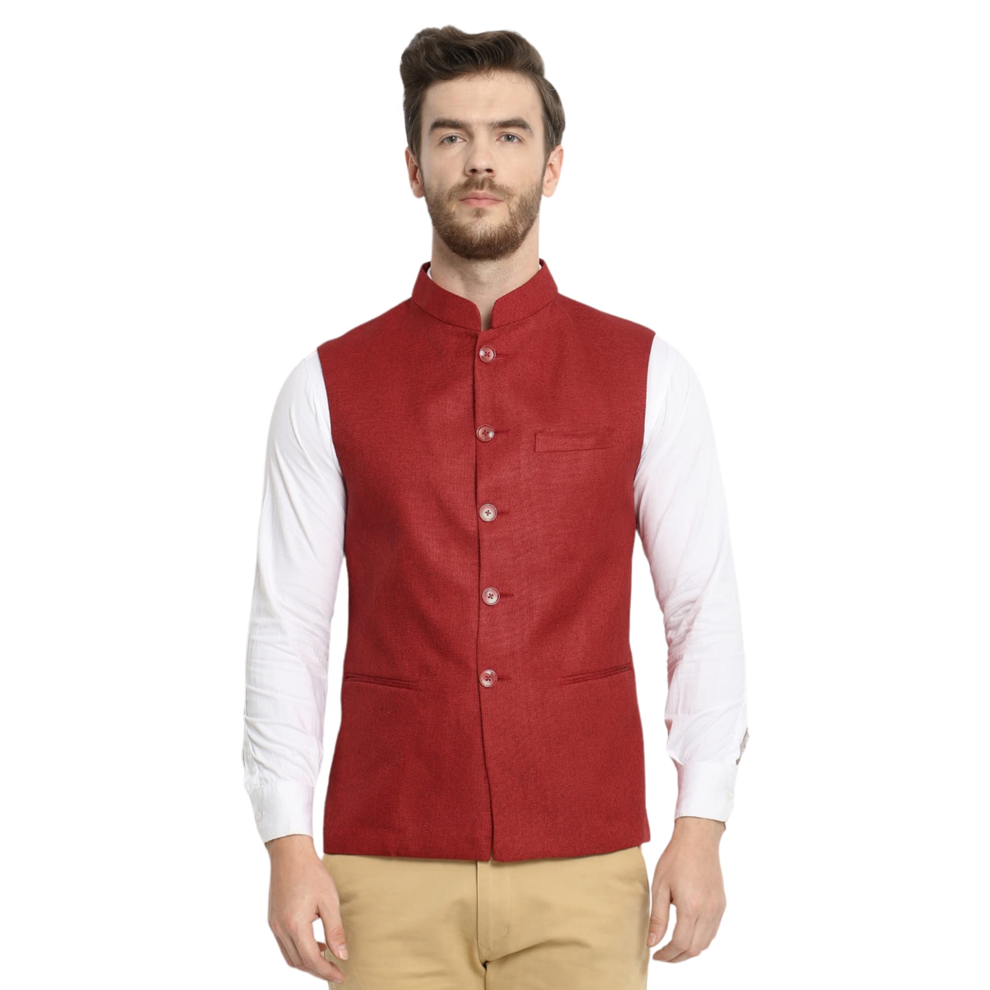 vastraa fusion Men Cotton-Blended Export-Quality Indian Traditional Nehru Jacket/Modi Ethnic Waistcoat (Shaded Red)-picture-12