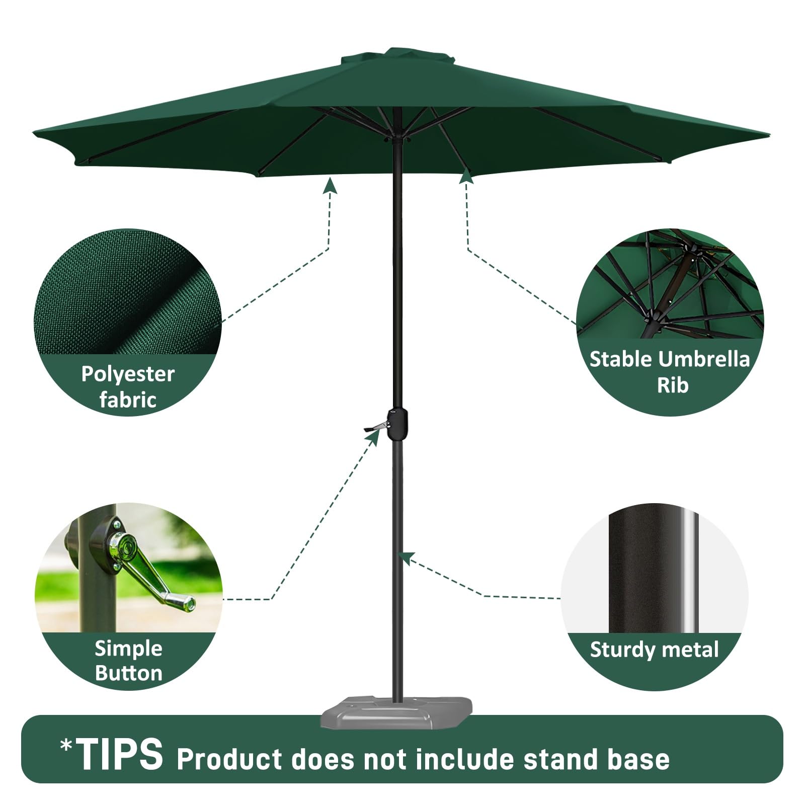 Zewnętrzny parasol ogrodowy z korbą ręczną, 2,7 m / 3,0 m, parasol na taras, na plażę, basen, trawnik, ochrona przed promieniowaniem UV, konstrukcja bez przechylania na podwórko i taras