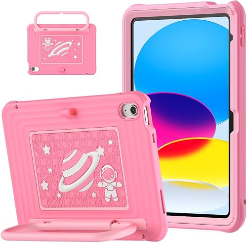 Kids Protective Case for iPad 11 A16 2025 and iPad 10 10.9" 2022, with Built-in Kickstand, Shoulder Strap, Space Theme (Pink)