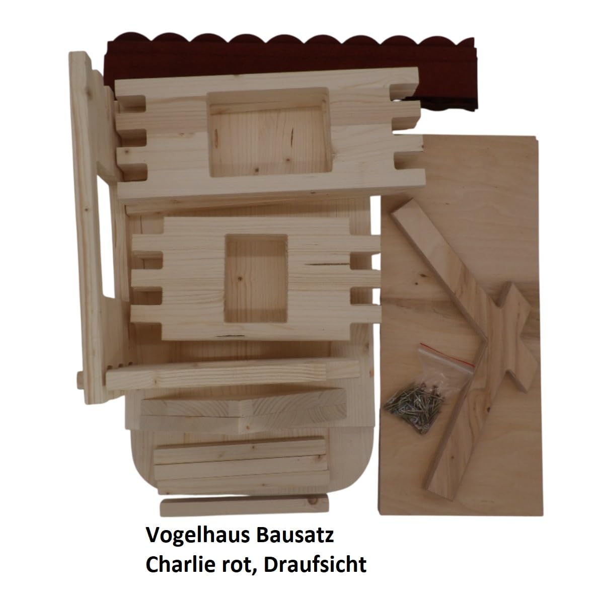 Vogelhaus Bausatz Charlie rot Manufaktur Martinshof L: 47 cm B: 38,5 cm H: 43 cm Material: unbehandeltes Fichtenholz Futterhaus Garten Holz Hochzeit Geschenk Vogelvilla Terrasse