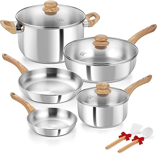 KOCH SYSTEME CS Coowkare - Juego de 10 ollas y sartenes de acero inoxidable profesional 1810 con asas de tacto fresco, base de tres capas, juegos de