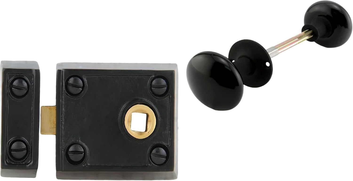 A29 Small 2 3/8" Heavy Duty Cast Iron Rim Latch & 2 1/4" Black Ceramic Knob Set – Vintage Door Hardware Bundle with Black Powder-Coated Finish, Rosette, Spindle & Mounting Kit