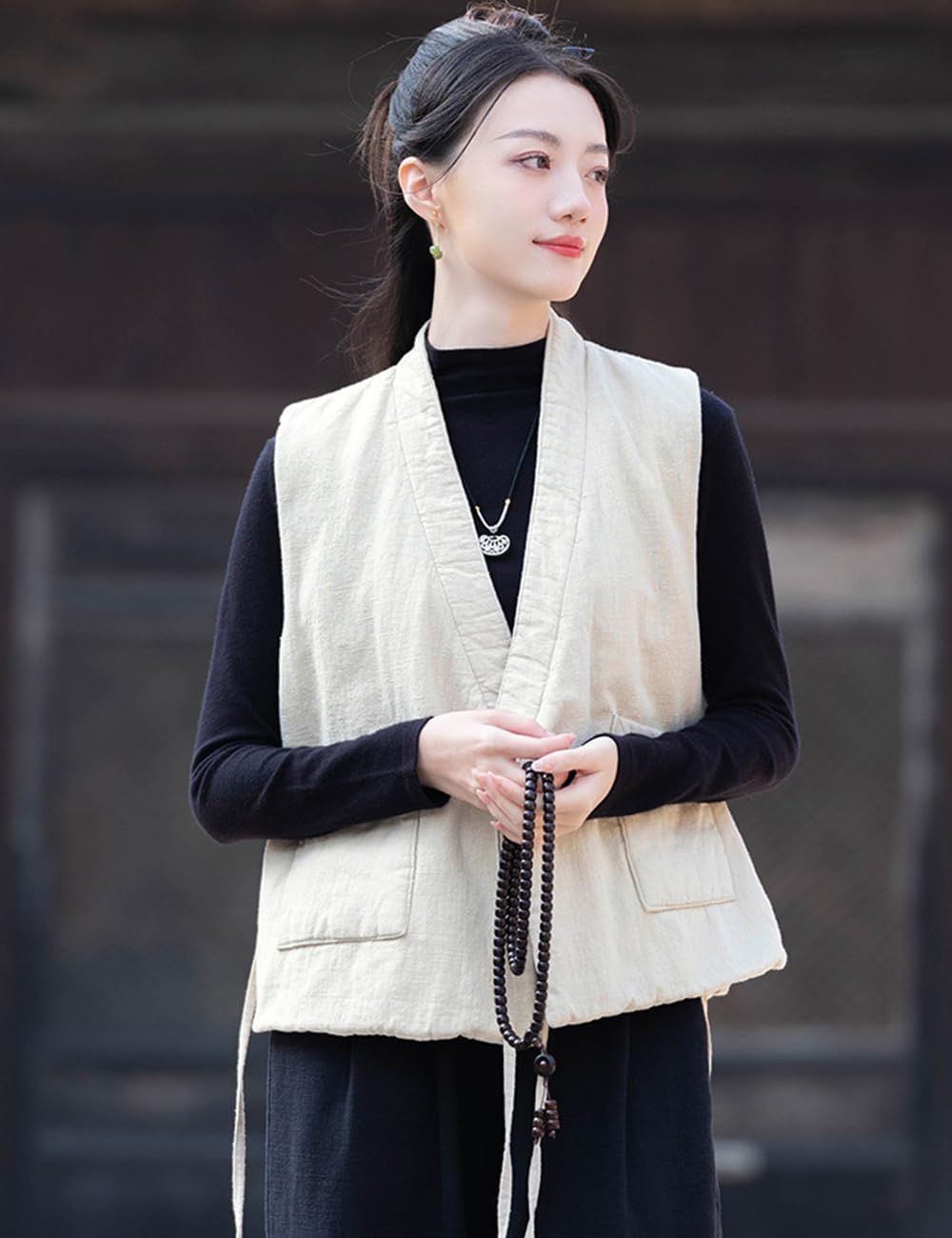 Ystylee Womens Casual Quilted Vest Lightweight Tie Up Wrap Front Jacket Outerwear with Pockets