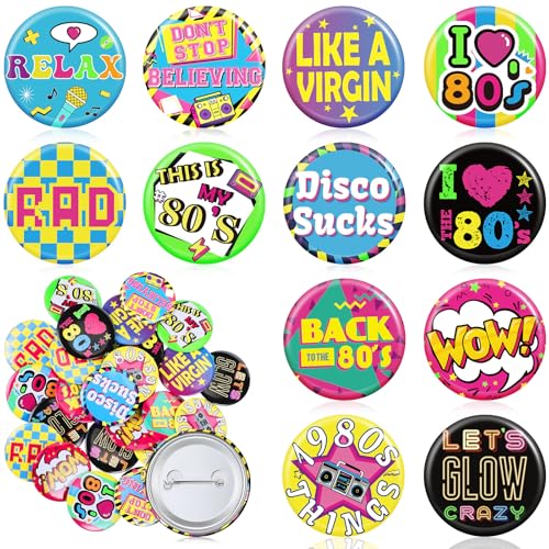Yaomiao 36 Pcs Boutons de Fête des Années 80 Épingles des Années 80 Accessoires pour Femmes, Vestes, Sacs à Dos, Vêtements Décorations de Fête
