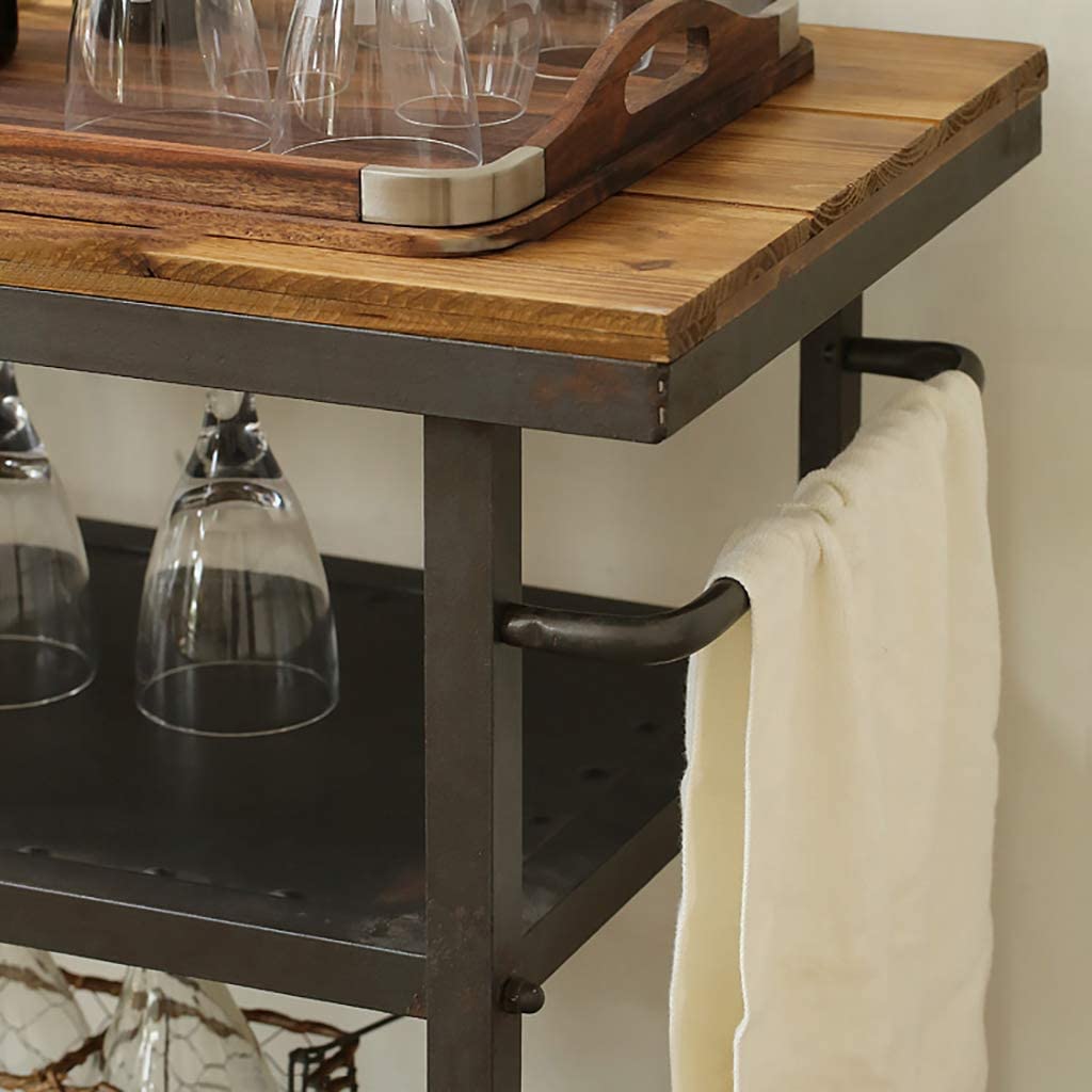 HAOKAZLBR Carrito de servicio de bar para hotel, restaurante de lujo, estilo vintage, carrito de servicio de 3 niveles, carrito grande de cocina de metal y madera, carrito rodante resistente con