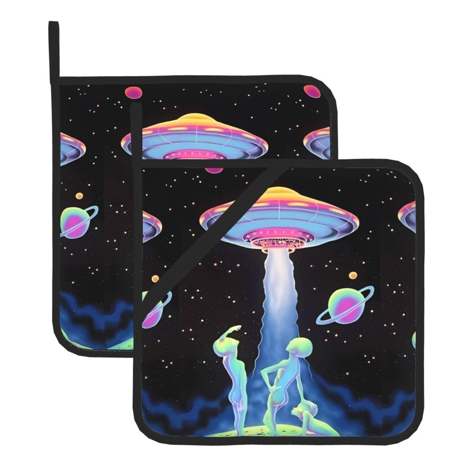 WHJDPP spaceship Prints Square Hot Pads for Kitchen - Waterproof Pot Holders Set of 2, Durable Trivets with Pocket & Hanging Loop for Hot Dishes & Oven Use