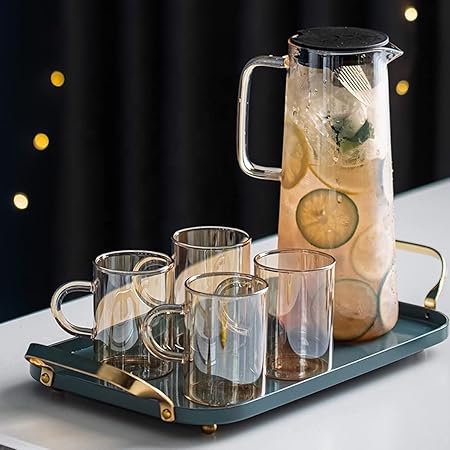 Vintage Amber Brown Glass Water Pitcher Set - Includes Thick Heat Resistant Retro Borosilicate Glass Carafe, Tight Lid & 4 Matching Glassware Drinking Cups (Great Gift for Wedding Mothers Day etc.)