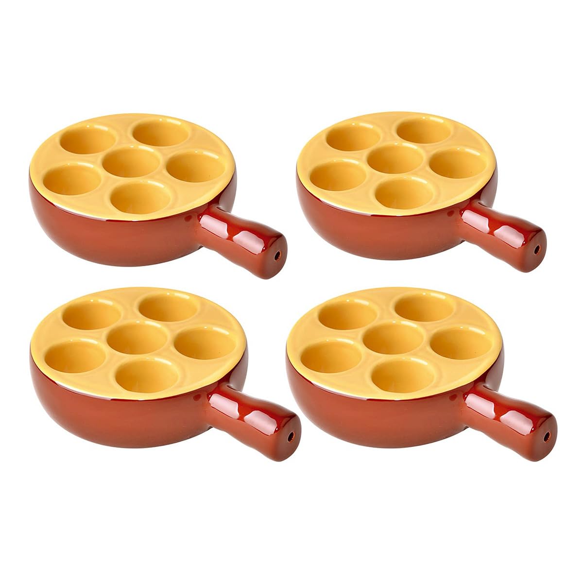 PEGANE Lot de 4 poêlons à escargots 6 Trous en Porcelaine Plat pour escargots avec poignée,Passe au Four et Lave-Vaisselle - 12 x 3,5 cm