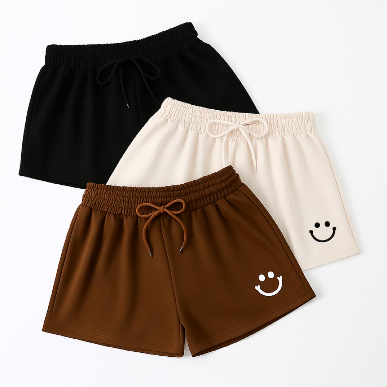 Womens Casual Wear Smle Print Shorts (Smile Shorts-Black,Brown,Biscut-L)