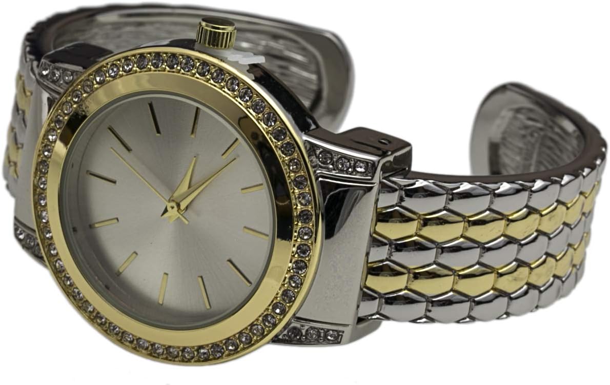 Collections Quartz Womens Rhinestone Bezel 34mm Case Metal Bangle Cuff Watch