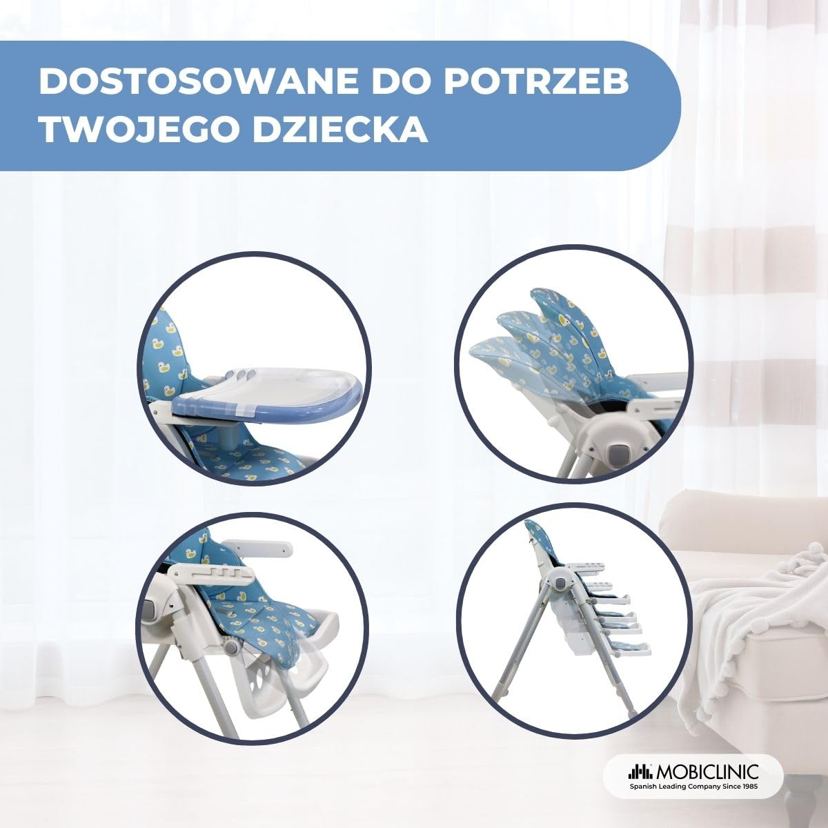 Mobiclinic®, Wysokie krzesełko dla dziecka, Evolutive, Dodatkowe składanie, Możliwość przekształcenia w krzesełko, Simba, 5-punktowe, Kółka z hamulcami, Podwójna wyjmowana tacka