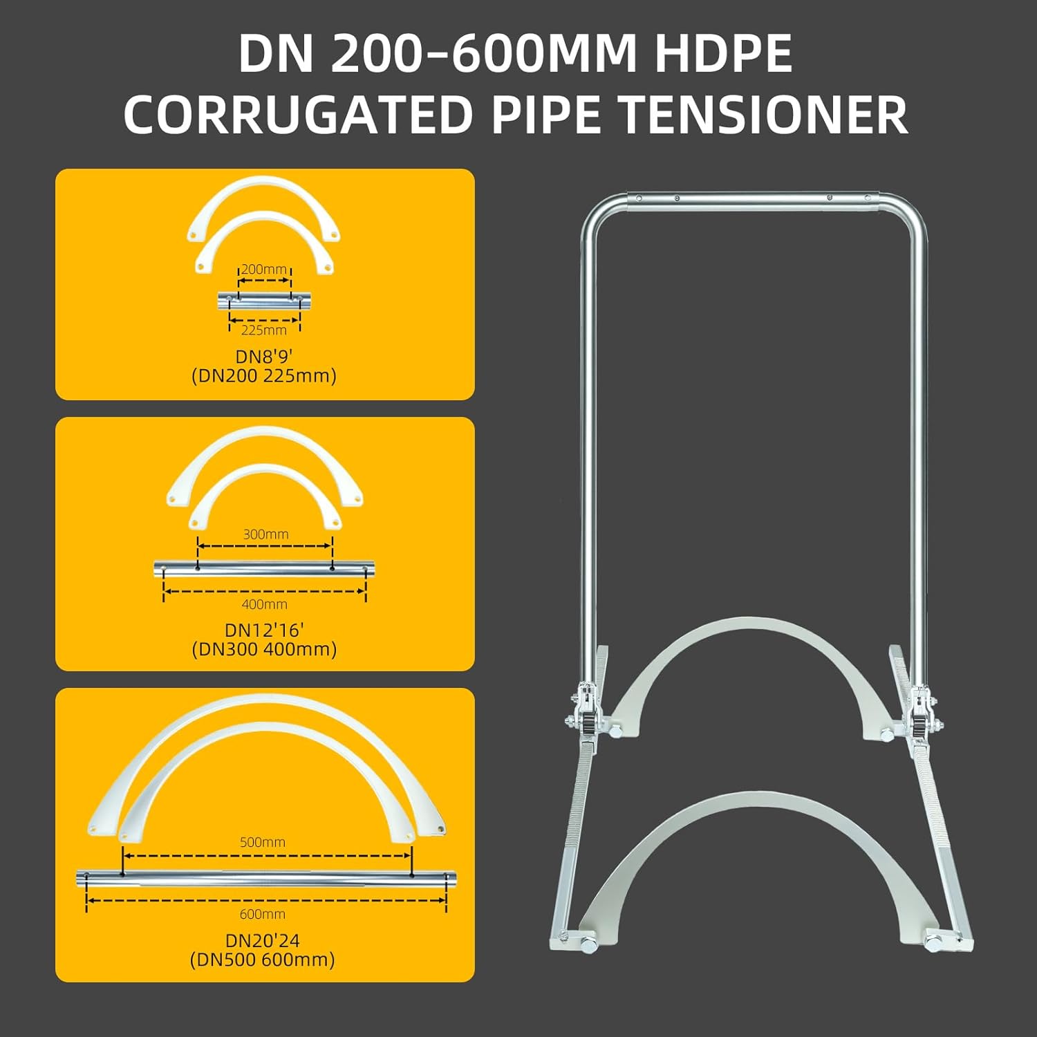 HDPE Corrugated Pipe Tensioner Tool Kit, Manual Docking Pipeline Installation Tool, Heavy Duty Universal Pipe Clamp, 6 Pairs Interchangeable Inserts for 200/225/300/400/500/600 mm Pipes
