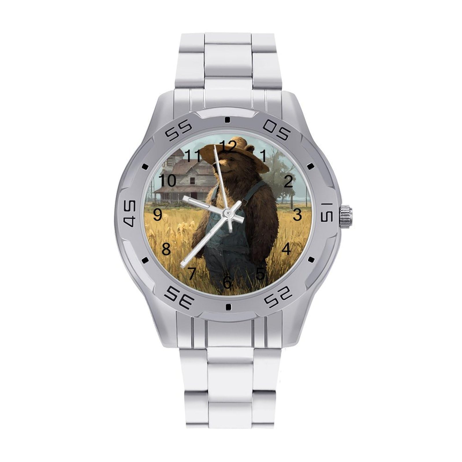 Bear in Overalls Herren Quarzuhr Trendy Edelstahlbänder Leicht Ablesen Minimalistische Armbanduhren Business Daily