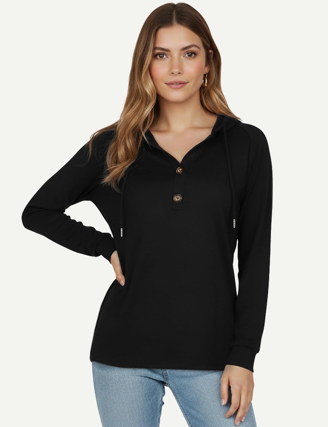 YOGINGO Women's Hoodie for Women Long Sleeve V Neck Button Sweatshirt Lightweight Casual Pullover Tops - Image 3