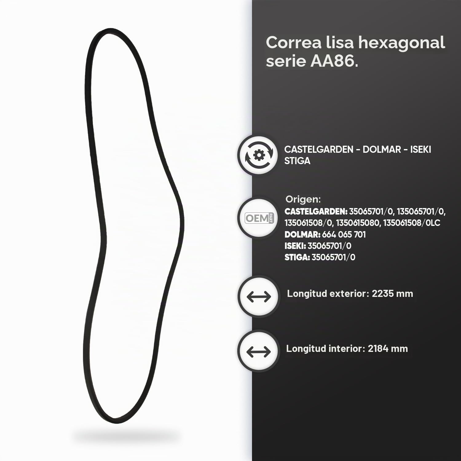 GREENSTAR - Correa hexagonal serie AA86 - Longitud exterior 2235 mm - Facilidad de repuesto - resistente y duradero - Sustituye a origen CASTELGARDEN, DOLMAR, ISEKI, STIGA