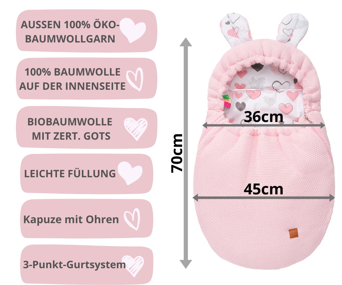 Mikos Coperta per ovetto, autunno inverno, sacco nanna con cerniera, 100% cotone GOTS Zert. coperta a maglia con imbottitura, universale, per passeggini, primavera, Maxi Cosi a 3 punti (50) (rosa)