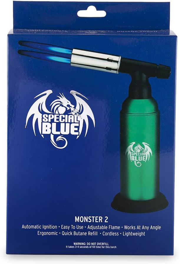 Special BlueMonster Butane Torch (Green) - 2.0 Refillable Double Flame Lighter- Culinary Torch - Welding Torch - Adjustable Dual Flame for Desserts, Creme Brulee, BBQ and Baking