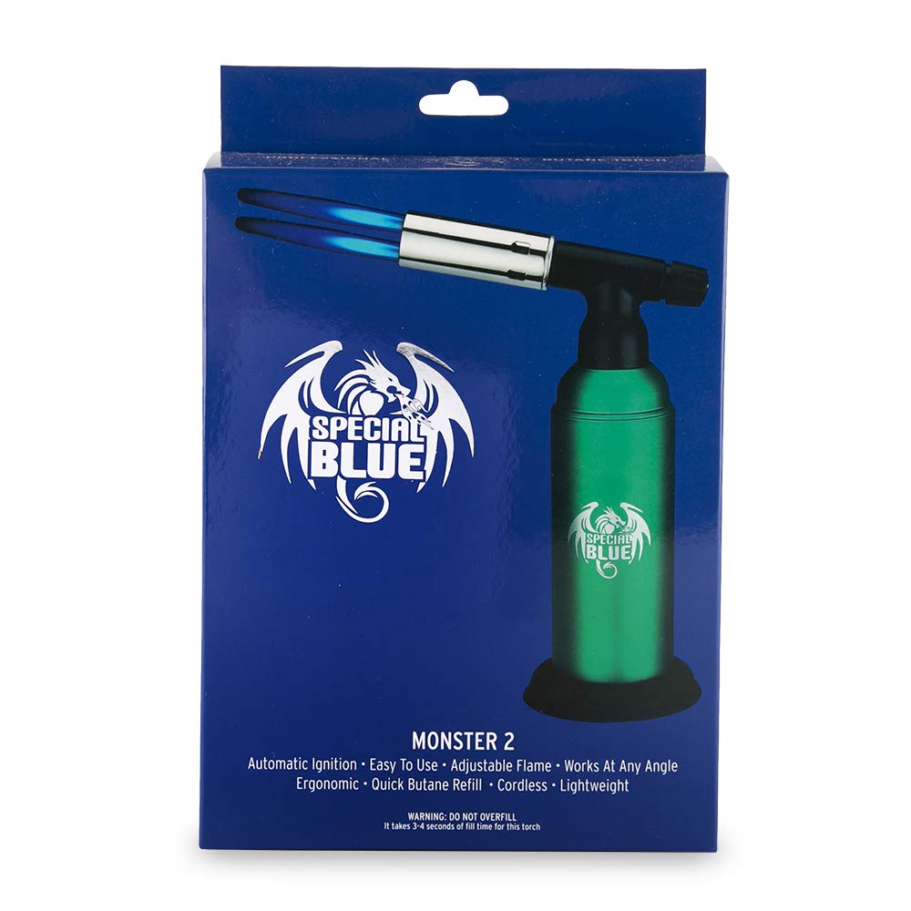 Special BlueMonster Butane Torch (Green) - 2.0 Refillable Double Flame Lighter- Culinary Torch - Welding Torch - Adjustable Dual Flame for Desserts, Creme Brulee, BBQ and Baking