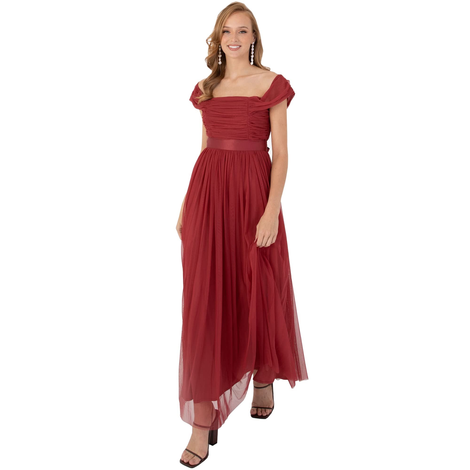 Anaya with Love Womens Ladies Maxi Bardot Off Shoulder Belt Long Empire Waist for Wedding Guest Prom Evening Gown Bridesmaid Red Dress, Garent, 16 UK