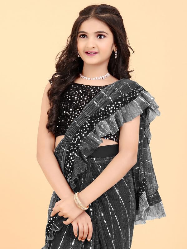 Image of Kids Supernet Tikli Work Ready to Wear Saree with Unstitched Blouse Piece | Traditional Ethnic Saree for Girls | Pre Stitched Festive Dress for School Function, Cultural Events & Wedding