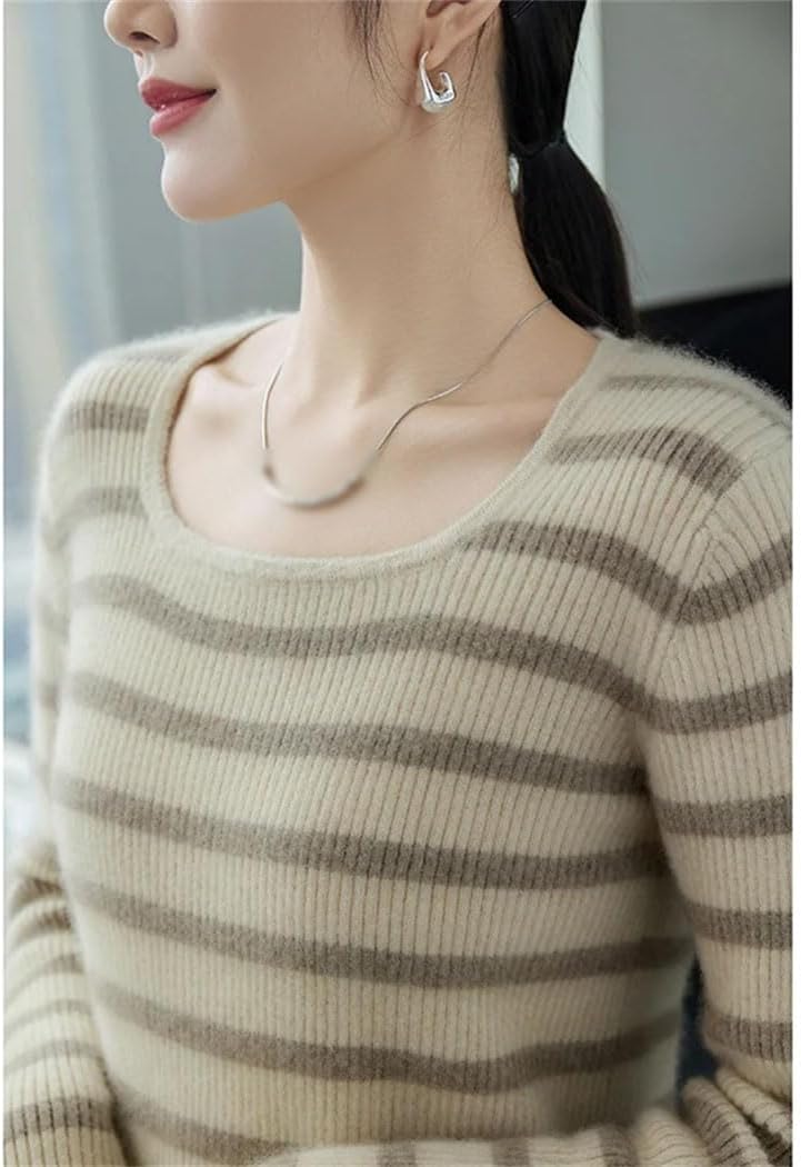 Women's 100% Wool Stripe Sweater Long Sleeve Crewneck Elastic Knitted Jumper Winter Soft Thermal Sweatshirt