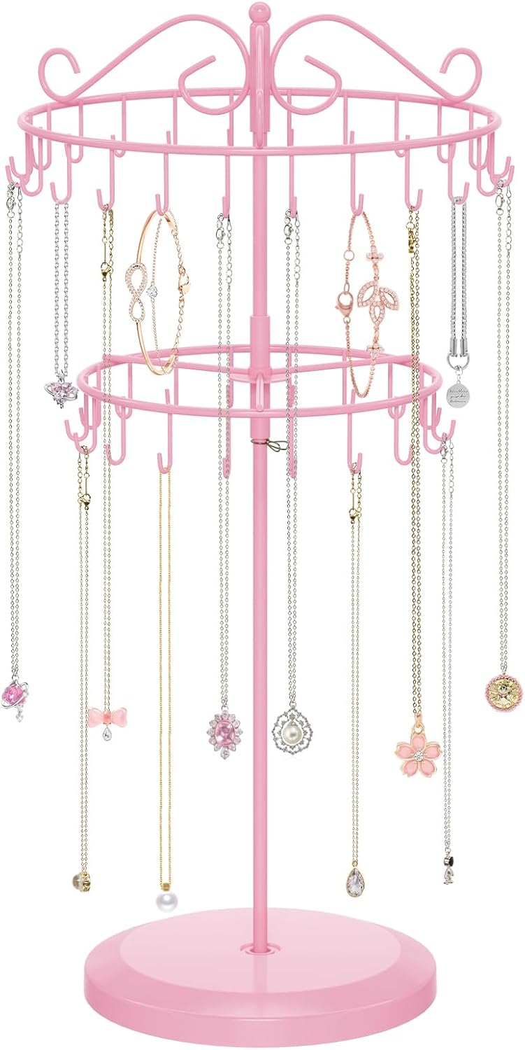 iDavosic.ly 2 Tier Rotating Necklace Holder Organizer with 42 Hooks, Adjustable Metal Bracelet Display Stand Rack, Extra Tall Keychain Spinning Tree Tower for Women, Pink Candy Pink