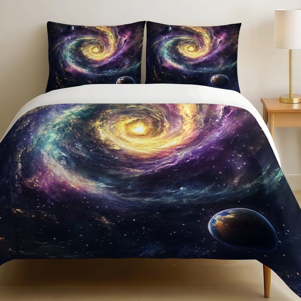 Housse de couette 220 x 240 galaxie spirale violette parure de lit 3 pieces microfibre