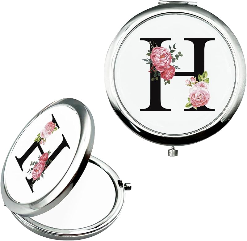 Espelho compacto JEKUGOT com monograma H, dupla face, rosa, 7 x 7 cm