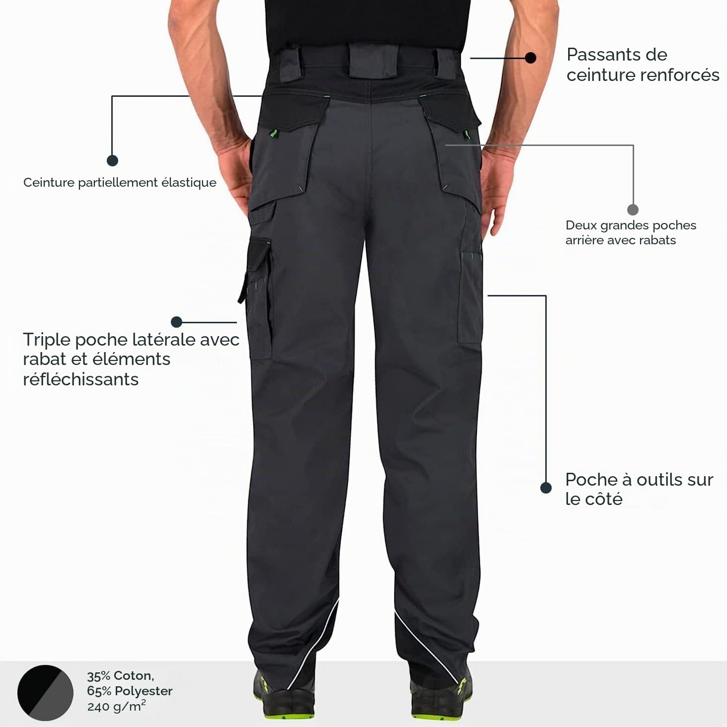 BWOLF Brave Pantalon de travail pour homme avec poches latérales multifonctionnelles, poches arrière et poches rembourrées, renforcement en polyester 600D, Gris, M