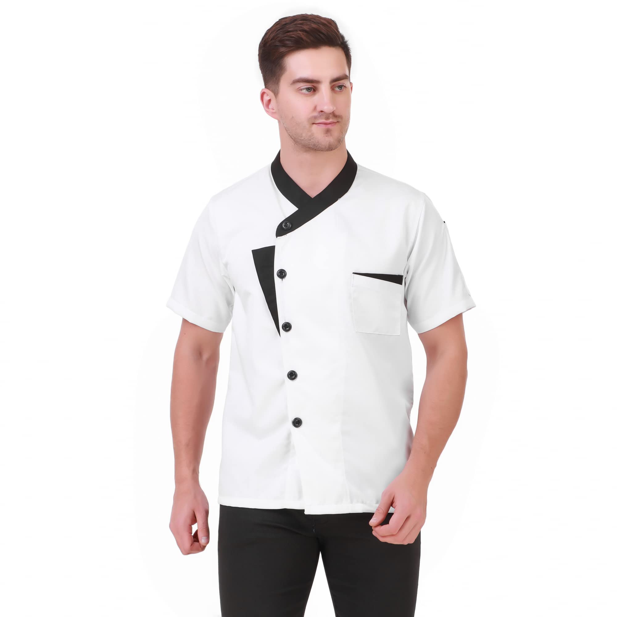 Kodenipr Club Short Sleeves Spliced White Chef Coat Black Contrast,Poly/Cotton,Size (Large(40))
