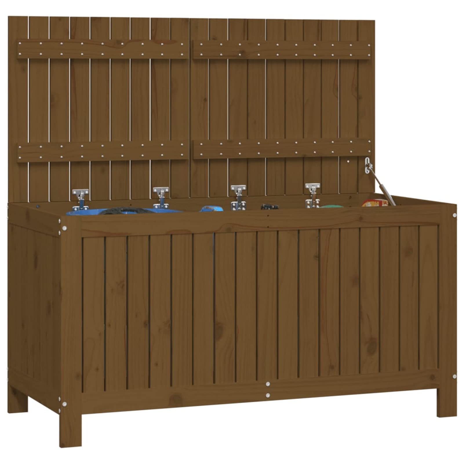 Homgoday Gartentruhe Kissentruhe Auflagenbox Kissenbox Gartenbox Aufbewahrungsbox Gartentruhe Holztruhe Deckel mit Gasdruckfeder | für Garten Terrass Honigbraun 121x55x64 cm Massivholz Kiefer