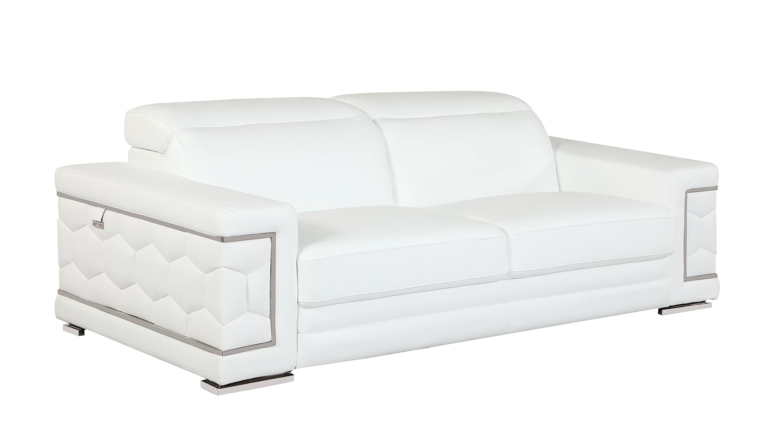 Blackjack Furniture Usry Top Grain Italian Leather Couch with Multi-Position Adjustable Headrests, Elegant Contemporary Design with Chrome Trim and Durable Wood Frame, Sofa, 89", Super White