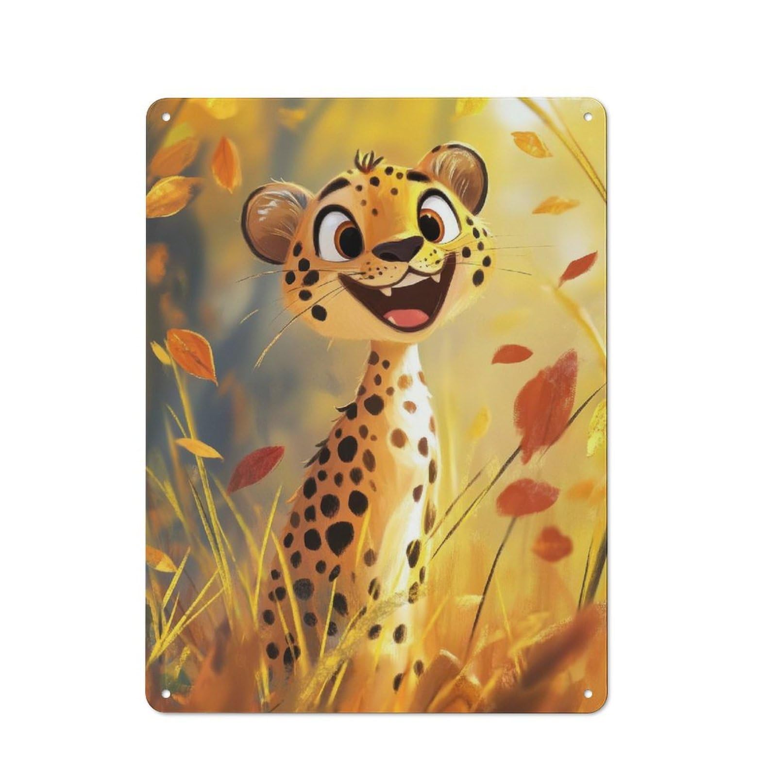 Junmoney Smiling Cheetah In Autumn Rustic Tin Wall Plaque 40X30cm For Café Or Restaurant, For Kitchen, Dining Room And Home Bar Wall Decor