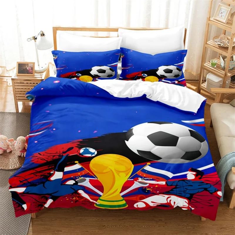 Housse de couette 220x240 football marine avec 2 taies d'oreiller en microfibre pour lit deux places